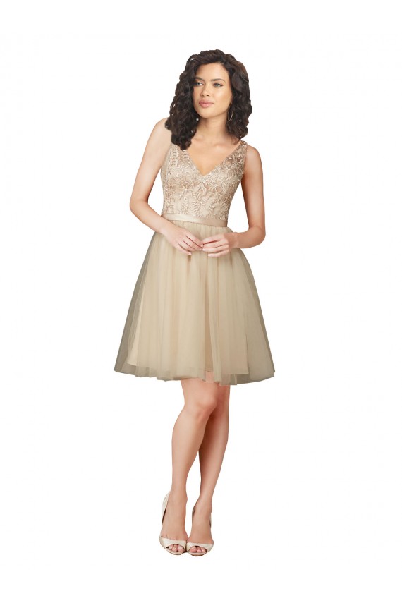 Sleeveless V-Neck Tulle & Lace Champagne Knee Length Bridesmaid Dress Cardiff