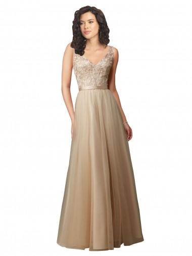 Sleeveless V-Neck Tulle & Lace Champagne Long Bridesmaid Dress Cardiff