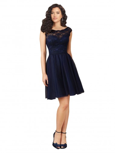 Sleeveless Bateau Neck Tulle & Lace Dark Navy Knee Length Bridesmaid Dress Cardiff