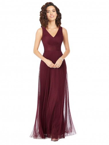 Sleeveless V-Neck Tulle Burgundy Gold Long Bridesmaid Dress Cardiff