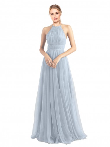 Sleeveless Halter Neck Tulle Light Sky Blue Long Bridesmaid Dress Cardiff