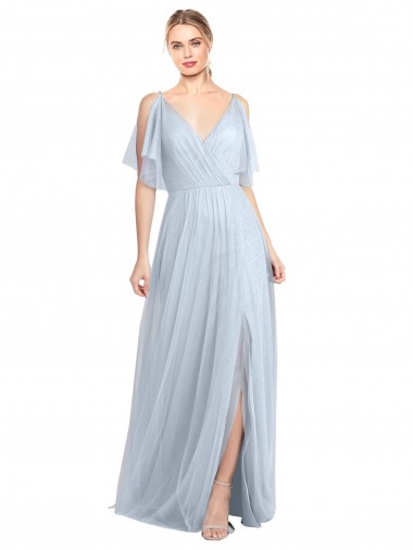 Flutter Sleeves V-Neck Tulle Light Sky Blue Long Bridesmaid Dress / Evening Dress Cardiff