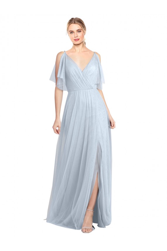 Flutter Sleeves V-Neck Tulle Light Sky Blue Long Bridesmaid Dress / Evening Dress Cardiff