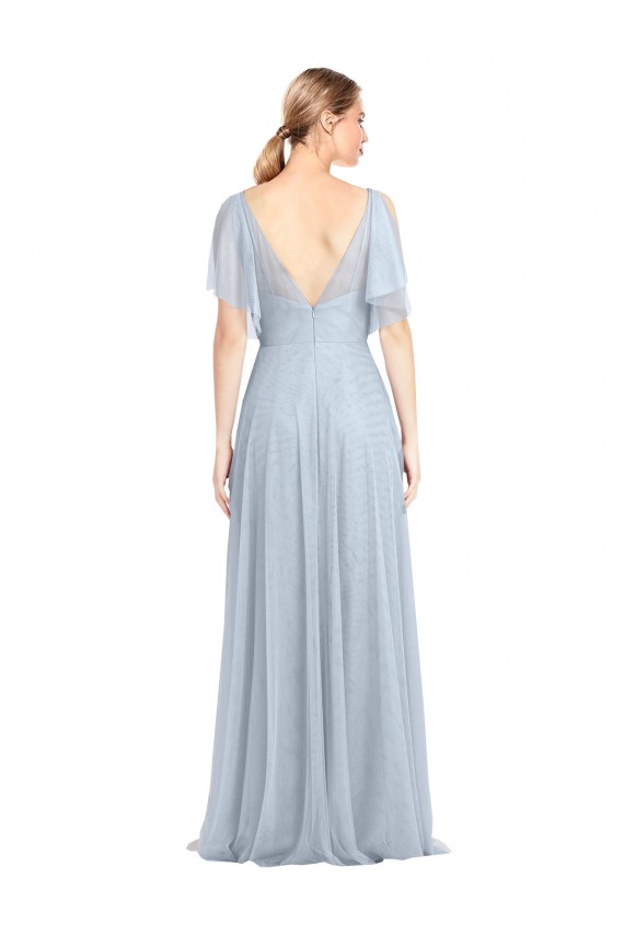 Flutter Sleeves V-Neck Tulle Light Sky Blue Long Bridesmaid Dress / Evening Dress Cardiff