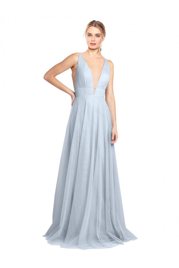 Sleeveless V-Neck Tulle Light Sky Blue Long Floor Length Bridesmaid Dress Cardiff