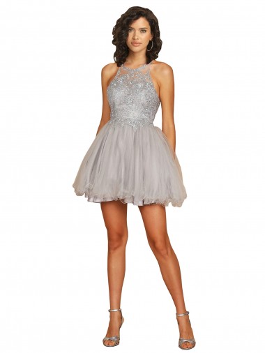 Sleeveless Halter Neck Tulle Silver Short Bridesmaid Dress Cardiff