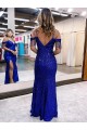 Sleeveless V-Neck Velvet Sequin Royal Blue Long Prom Dress / Evening Dress Cardiff
