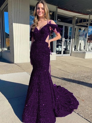 Sleeveless V-Neck Velvet Sequin Plum Purple Court Train Prom Dress / Evening Dress Cardiff