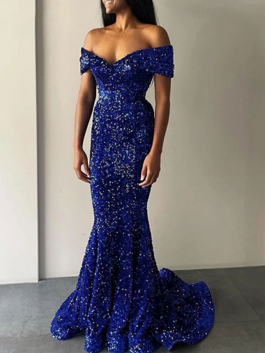 Sleeveless Off the Shoulder Velvet Sequin Royal Blue Sweep Train Prom Dresses Cardiff