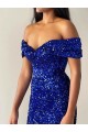 Sleeveless Off the Shoulder Velvet Sequin Royal Blue Sweep Train Prom Dresses Cardiff