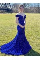 Sleeveless Off the Shoulder Velvet Sequin Royal Blue Sweep Train Prom Dress Cardiff