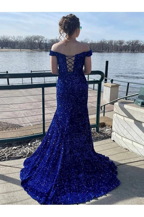 Sleeveless Off the Shoulder Velvet Sequin Royal Blue Sweep Train Prom Dress Cardiff