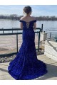 Sleeveless Off the Shoulder Velvet Sequin Royal Blue Sweep Train Prom Dress Cardiff