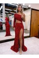 Long Sleeves One Shoulder Velvet Sequin Burgundy Sweep Train Evening Dress Cardiff