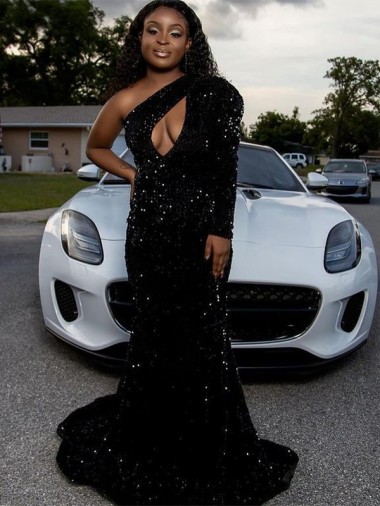 Long Sleeves One Shoulder Velvet Sequin Black Sweep Train Prom Dress Cardiff