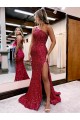 Sleeveless One Shoulder Velvet Sequin Burgundy Sweep Train Evening Dress Cardiff