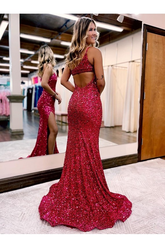 Sleeveless One Shoulder Velvet Sequin Burgundy Sweep Train Evening Dress Cardiff