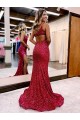 Sleeveless One Shoulder Velvet Sequin Burgundy Sweep Train Evening Dress Cardiff