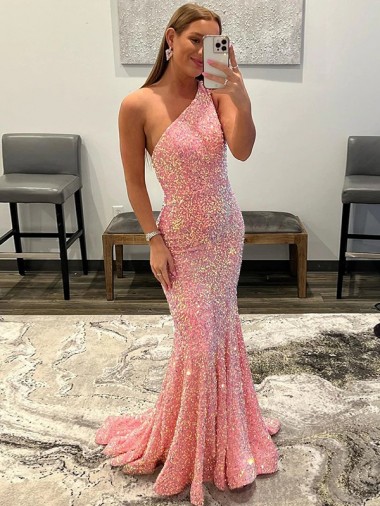 Sleeveless One Shoulder Velvet Sequin Pink Sweep Train Prom Dress Cardiff