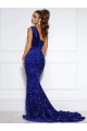 Sleeveless One Shoulder Velvet Sequin Royal Blue Court Train Prom Dress / Evening Dress Cardiff