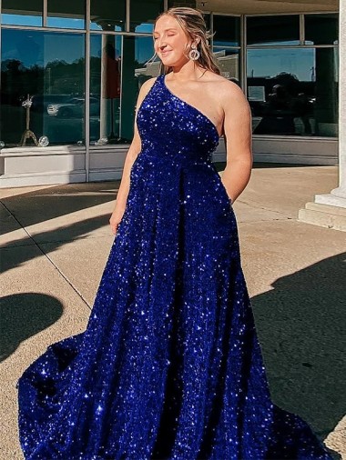 Sleeveless One Shoulder Velvet Sequin Royal Blue Sweep Train Prom Dress / Evening Gown Cardiff
