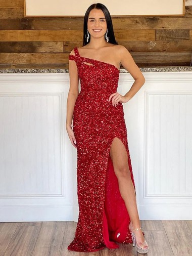 Sleeveless One Shoulder Velvet Sequin Burgundy Sweep Train Prom Dress Cardiff