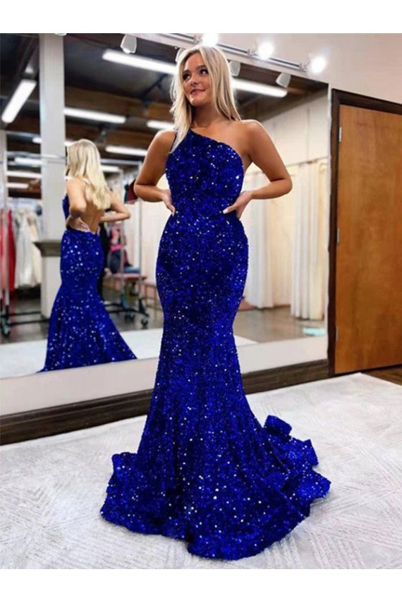 Sleeveless One Shoulder Velvet Sequin Royal Blue Sweep Train Prom Dress Cardiff
