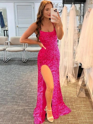 Sleeveless Spaghetti Straps Velvet Sequin Fuchsia Sweep Train Prom Dress / Evening Gown Cardiff