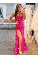 Sleeveless Spaghetti Straps Velvet Sequin Fuchsia Sweep Train Prom Dress / Evening Gown Cardiff