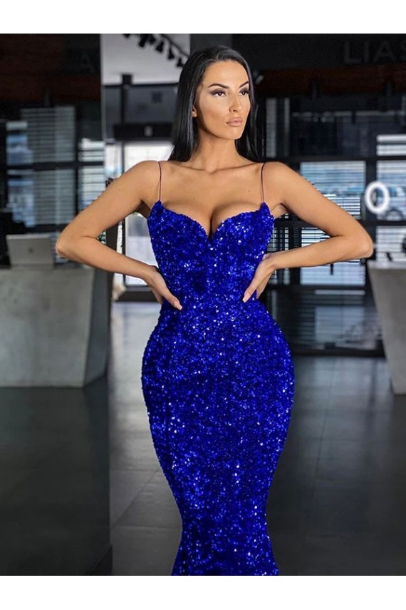 Sleeveless Spaghetti Straps Velvet Sequin Royal Blue Mermaid Sweep Train Evening Gown / Prom Dress Cardiff