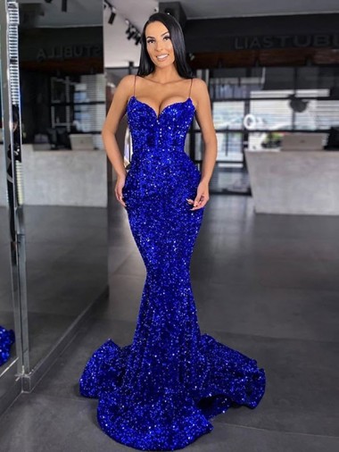 Sleeveless Spaghetti Straps Velvet Sequin Royal Blue Mermaid Sweep Train Evening Gown / Prom Dress Cardiff