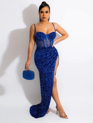 Sleeveless Spaghetti Straps Velvet Sequin Royal Blue Sweep Train Evening Dress Cardiff