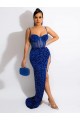 Sleeveless Spaghetti Straps Velvet Sequin Royal Blue Sweep Train Evening Dress Cardiff