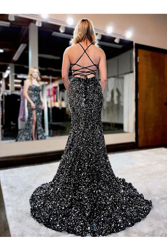 Sleeveless Spaghetti Straps Velvet Sequin Shown Color Sweep Train Prom Dress Cardiff