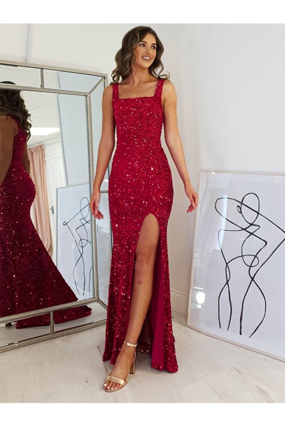 Sleeveless Square Neck Velvet Sequin Burgundy Long Prom Dress Cardiff