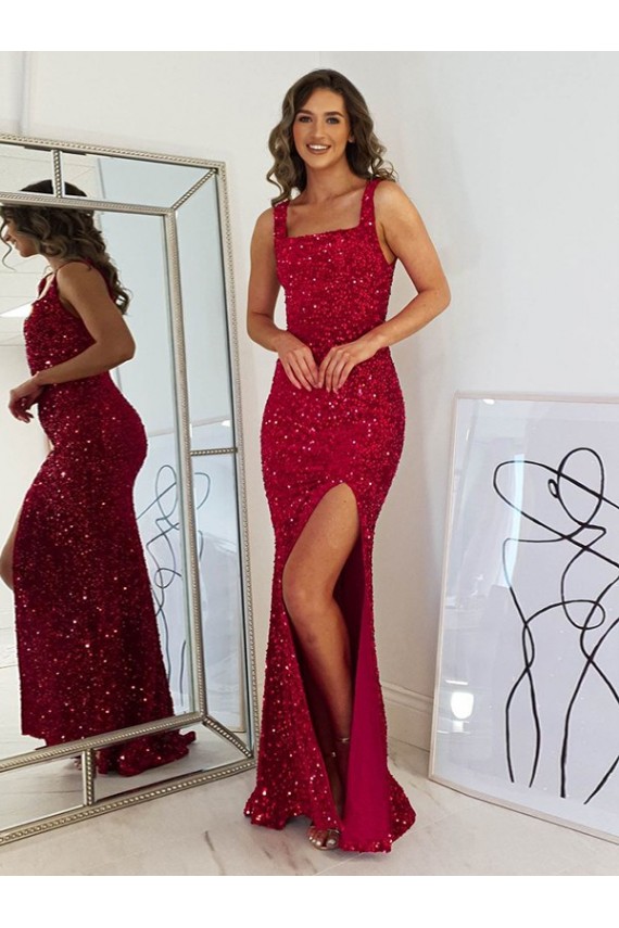 Sleeveless Square Neck Velvet Sequin Burgundy Long Prom Dress Cardiff
