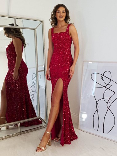 Sleeveless Square Neck Velvet Sequin Burgundy Long Prom Dress Cardiff