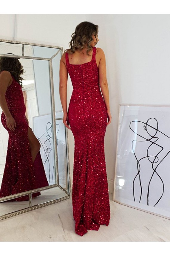 Sleeveless Square Neck Velvet Sequin Burgundy Long Prom Dress Cardiff