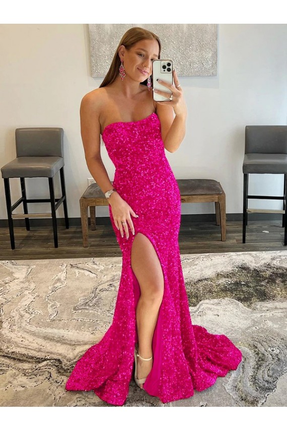 Sleeveless Strapless Velvet Sequin Fuchsia Sweep Train Prom Dress Cardiff