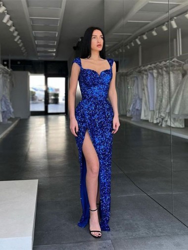 Sleeveless Spaghetti Straps Velvet Sequin Royal Blue Sweep Train Evening Gown / Prom Dress Cardiff
