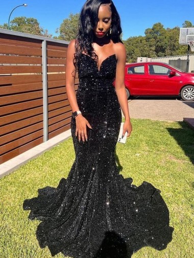 Sleeveless Sweetheart Velvet Sequin Black Long Prom Dress Cardiff