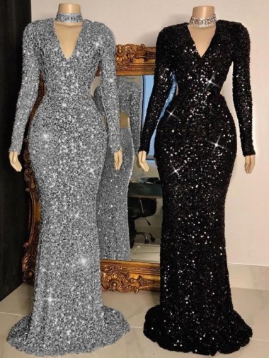 Long Sleeves V-Neck Velvet Sequin Black Sweep Train Prom Dress Cardiff