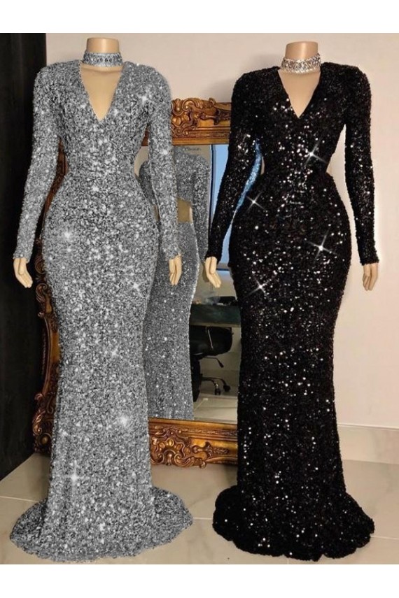 Long Sleeves V-Neck Velvet Sequin Black Sweep Train Prom Dress Cardiff