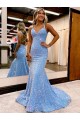 Sleeveless V-Neck Velvet Sequin Periwinkle Sweep Train Evening Gown Cardiff