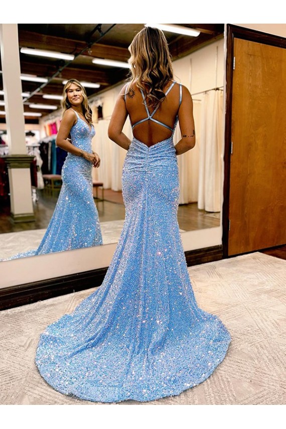Sleeveless V-Neck Velvet Sequin Periwinkle Sweep Train Evening Gown Cardiff