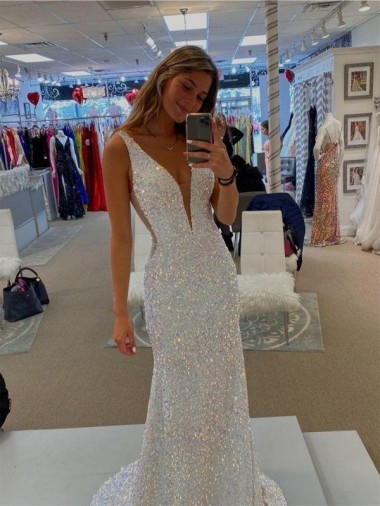 Sleeveless V-Neck Velvet Sequin Shown Color Sweep Train Prom Dresses Cardiff