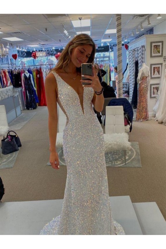 Sleeveless V-Neck Velvet Sequin Shown Color Sweep Train Prom Dresses Cardiff
