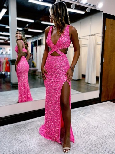 Sleeveless V-Neck Velvet Sequin Shown Color Long Sweep Train Evening Dress Cardiff