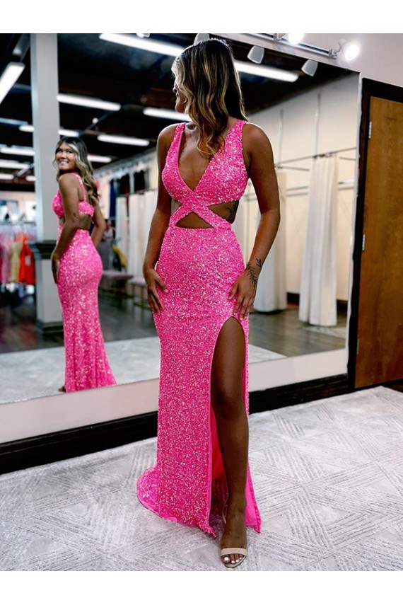 Sleeveless V-Neck Velvet Sequin Shown Color Long Sweep Train Evening Dress Cardiff