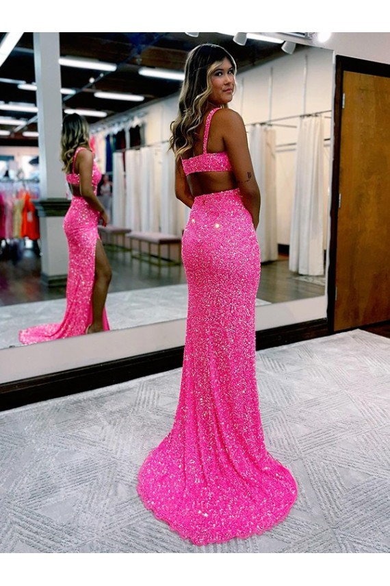 Sleeveless V-Neck Velvet Sequin Shown Color Long Sweep Train Evening Dress Cardiff
